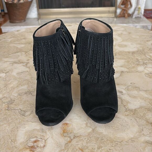 BCBG MAXAZRIA Raimi Bootie Black Suede Peep Toe Fringe High Heel Ankle Boots - Picture 3 of 11